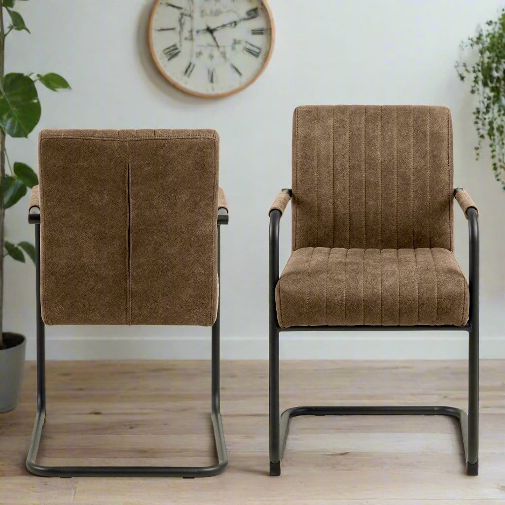 Charming set of 2 brown retro dining chairs with armrests, featuring a vintage-inspired design and comfortable seating, perfect for adding a stylish and nostalgic touch to any dining room or kitchen