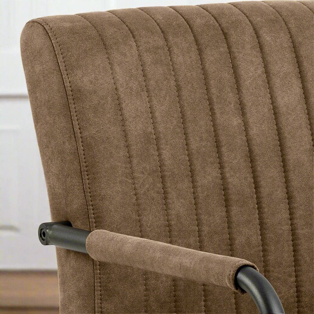 Charming set of 2 brown retro dining chairs with armrests, featuring a vintage-inspired design and comfortable seating, perfect for adding a stylish and nostalgic touch to any dining room or kitchen