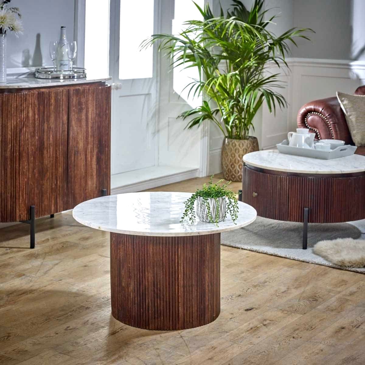 Marble Top Coffee Table, featuring a luxurious natural marble top. Crafted from 100% eco-sourced mango