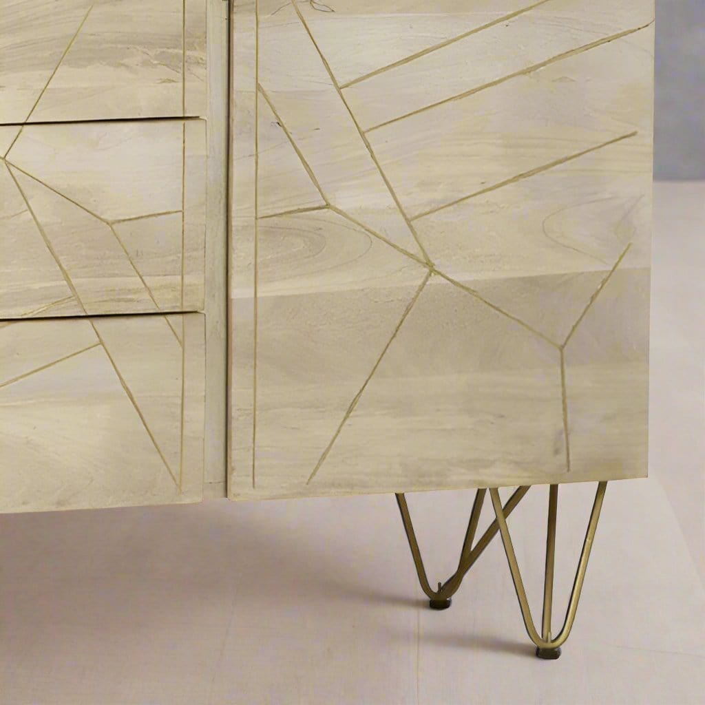 Elegant light wood gold sideboard with a sleek design, featuring a smooth wooden surface, spacious storage, and gold accents, perfect for adding a touch of modern sophistication and functionality to any living or dining room