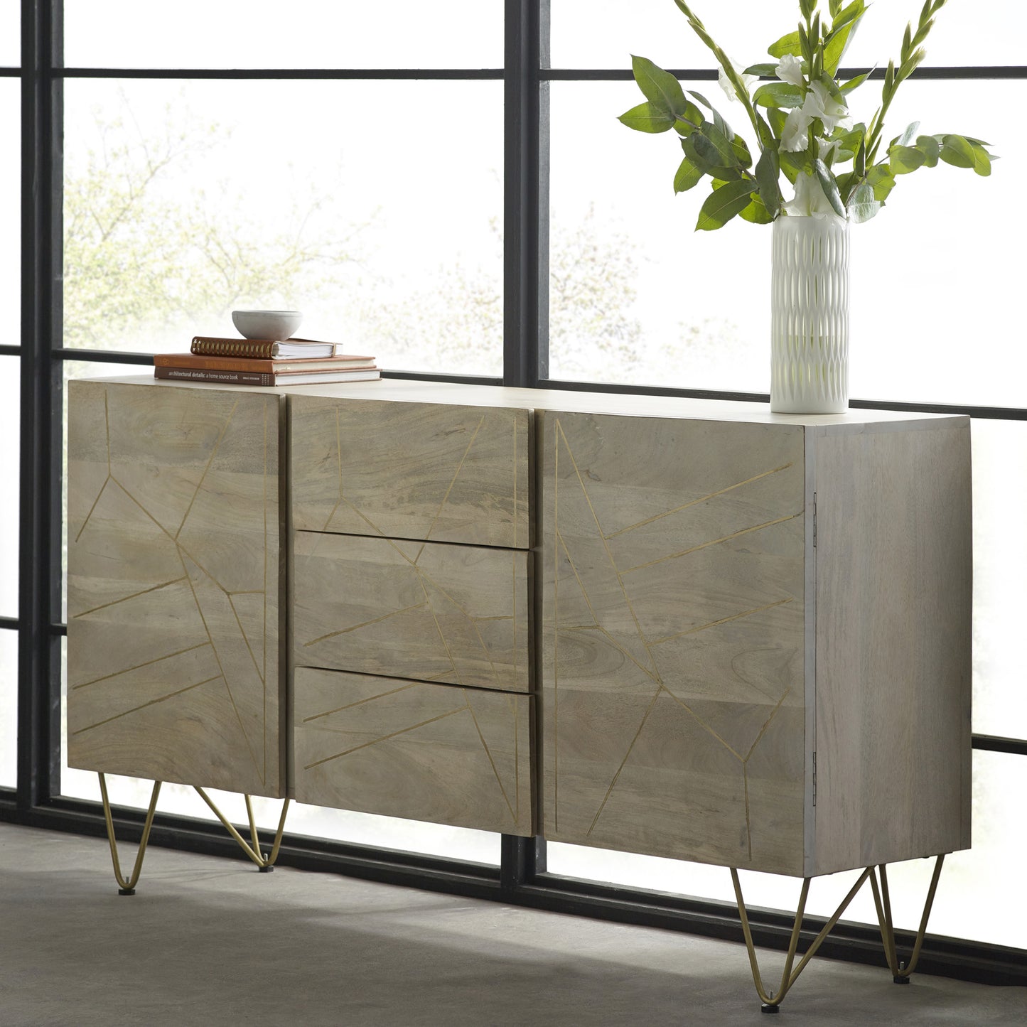 Elegant light wood gold sideboard with a sleek design, featuring a smooth wooden surface, spacious storage, and gold accents, perfect for adding a touch of modern sophistication and functionality to any living or dining room