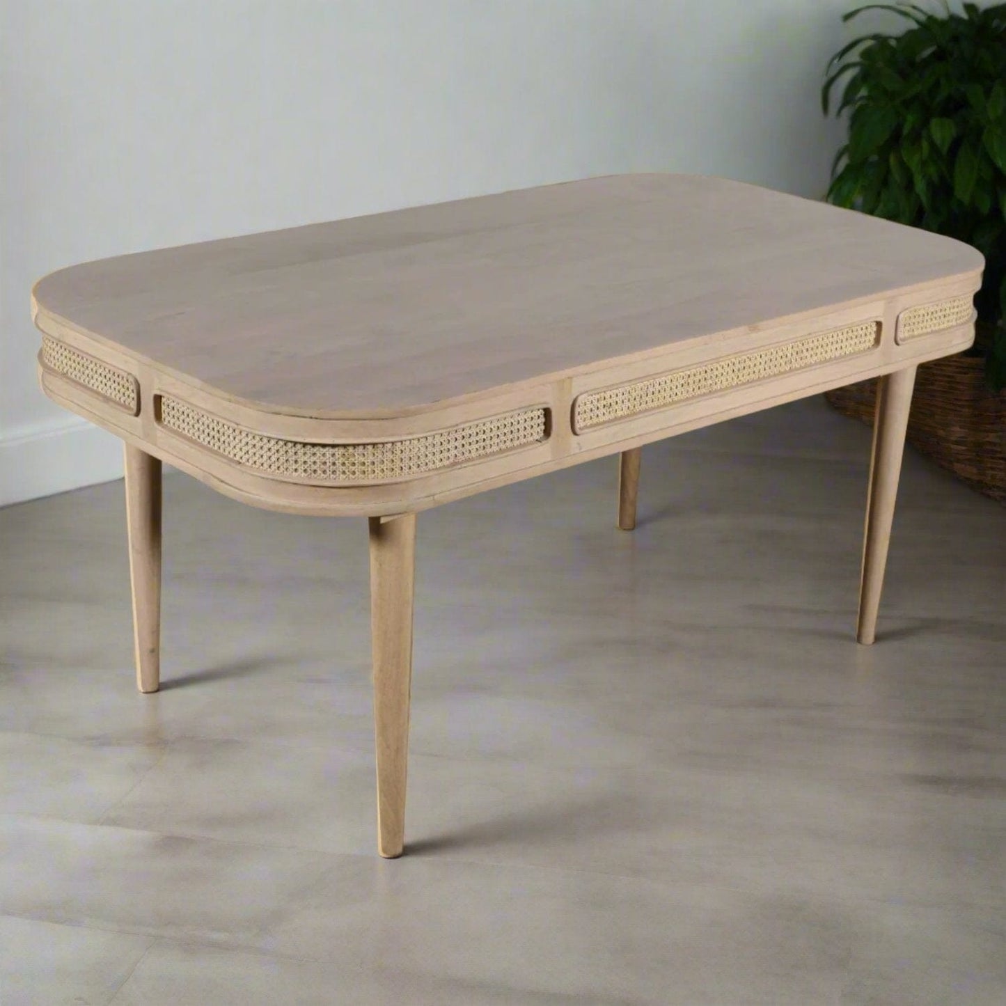 Rattan Detail Mango Wood Large Curved Edge Dining Table - Lindo Living