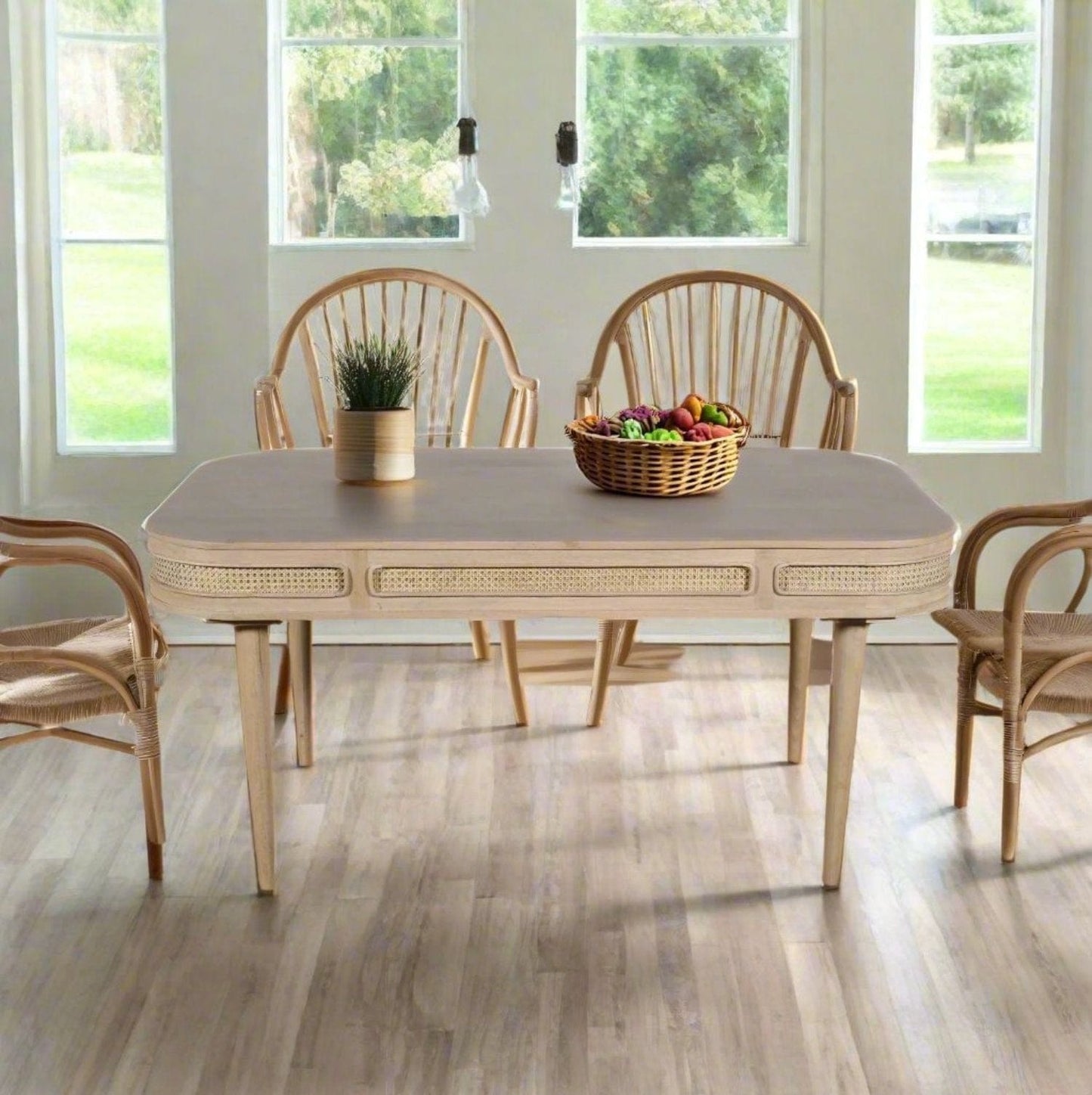 Rattan Detail Mango Wood Large Curved Edge Dining Table - Lindo Living