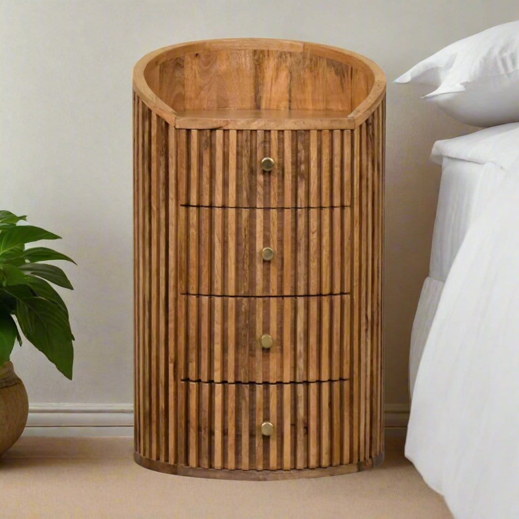 Exquisite handcarved bedside table with intricate detailing, featuring a smooth top and elegant legs, adding a touch of artisanal craftsmanship and vintage charm to any bedroom decor