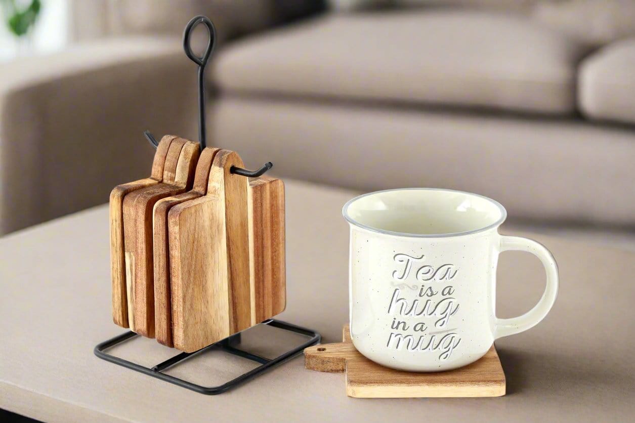 Wooden Coasters With Black Metal Stand, Set Of 6