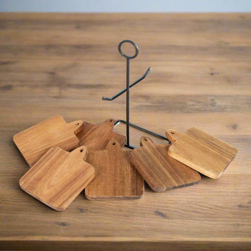 Wooden Coasters With Black Metal Stand, Set Of 6