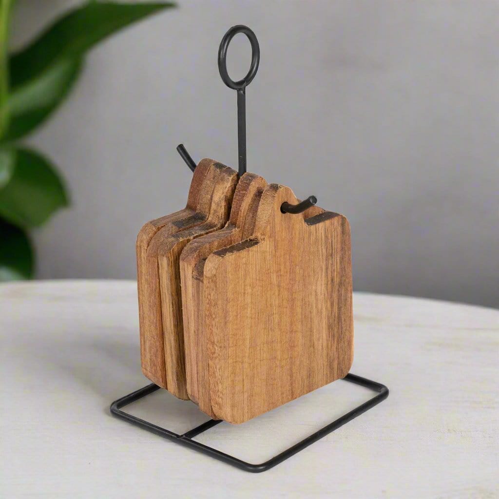 Wooden Coasters With Black Metal Stand, Set Of 6