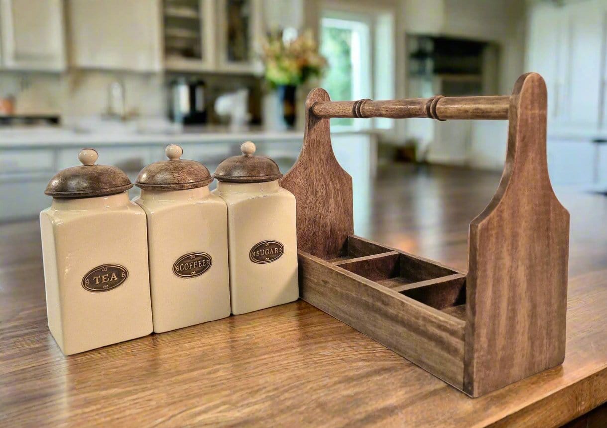 Tea, Coffee & Sugar Jar & Mango Wood Holder - Lindo Living