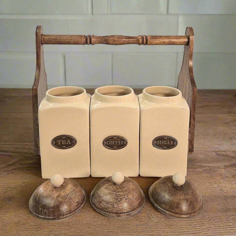 Tea, Coffee & Sugar Jar & Mango Wood Holder - Lindo Living