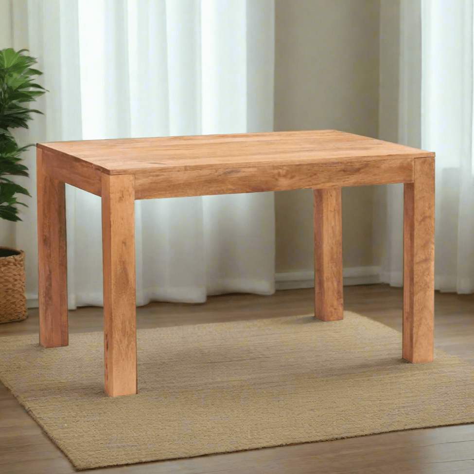 Solid Light Mango Hardwood Dining Table with a lightly stained matt finish, handcrafted from eco-friendly wood. Partial assembly required for the legs.