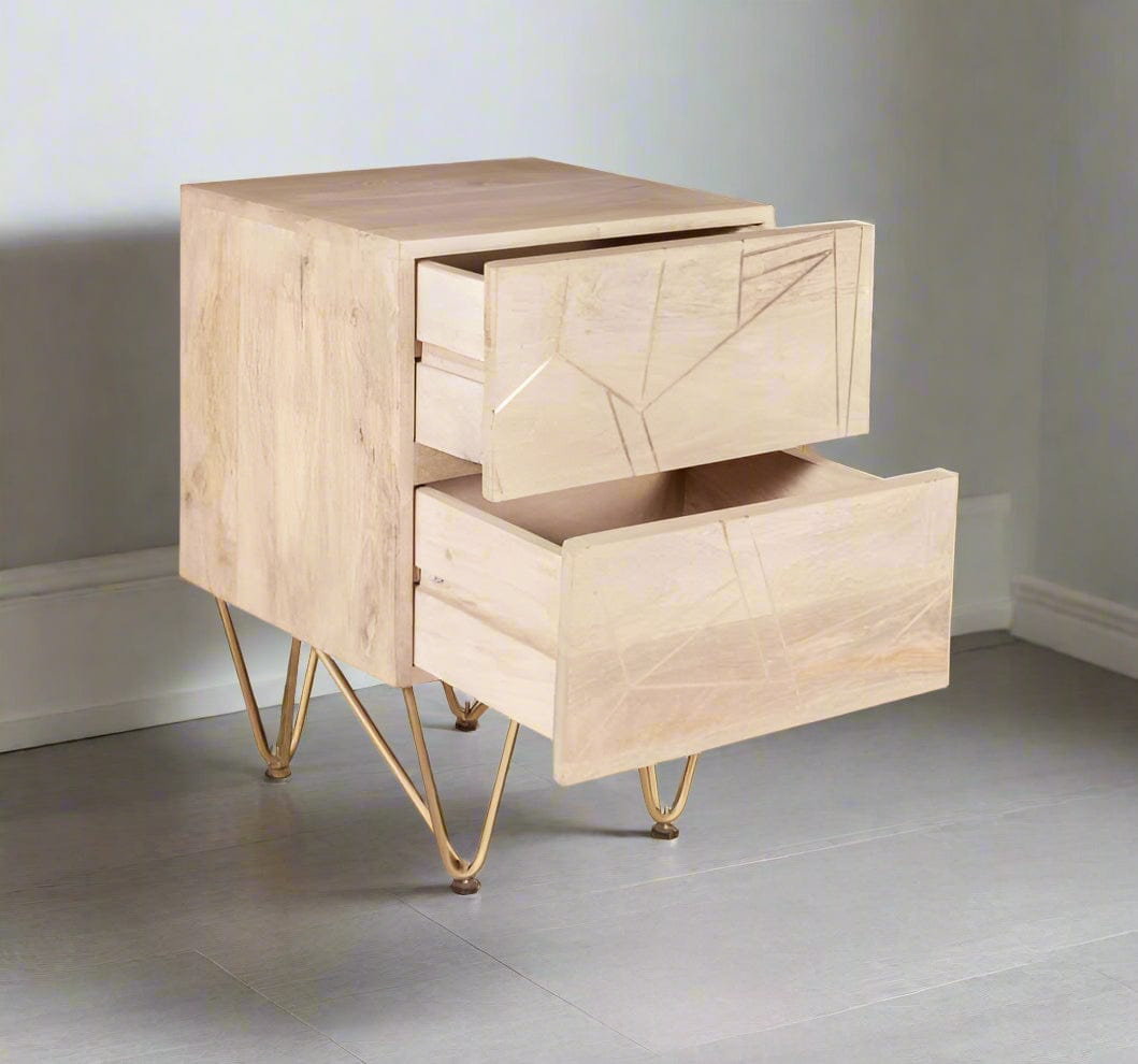 "Modern side table with two drawers, solid mango wood, gold metal inlays on drawer fronts, and angled metal legs, offering a blend of contemporary and retro vintage style."