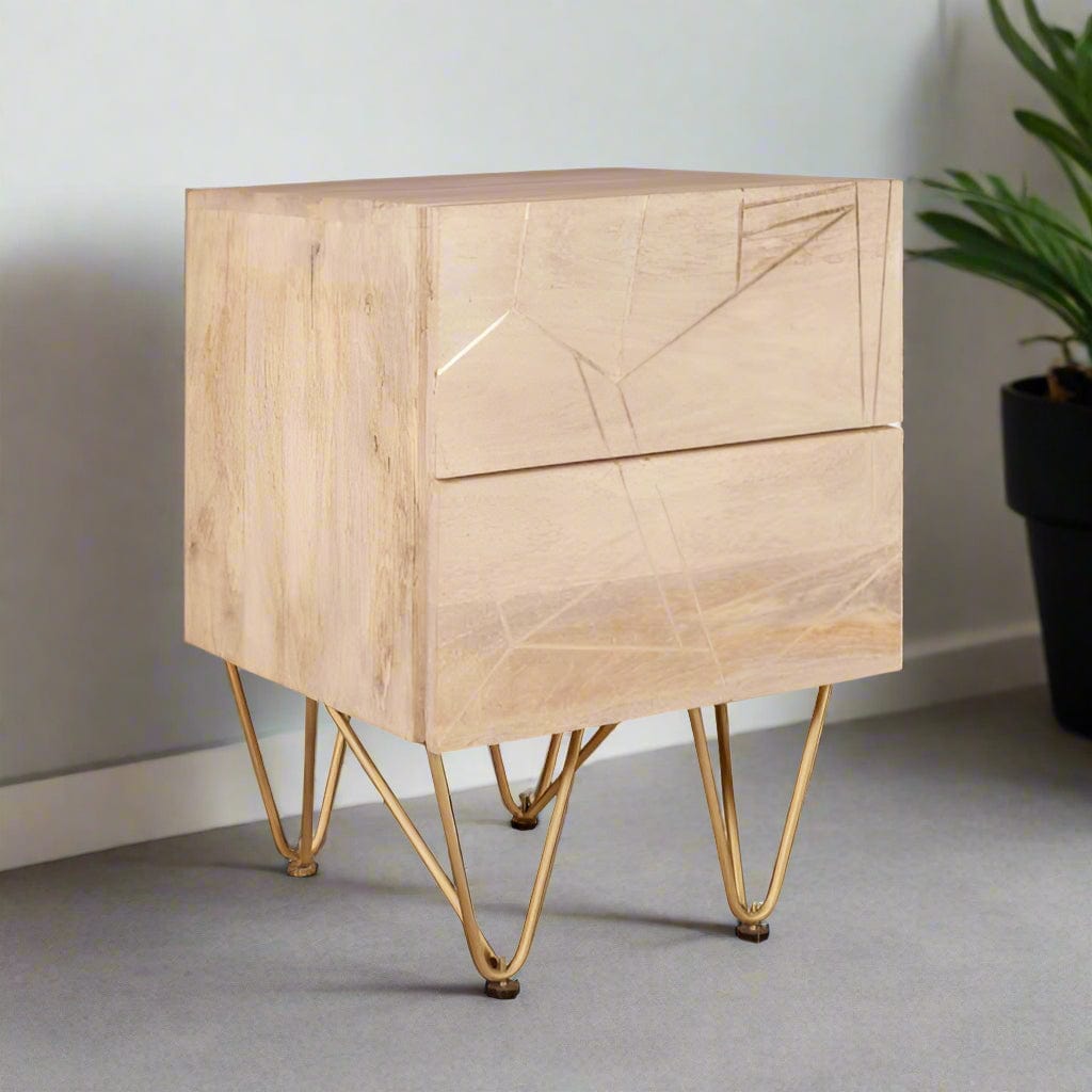 "Modern side table with two drawers, solid mango wood, gold metal inlays on drawer fronts, and angled metal legs, offering a blend of contemporary and retro vintage style."