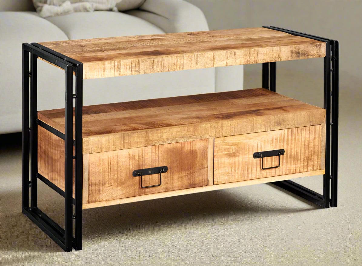 Handmade reclaimed industrial TV cabinet with natural light-grain hardwood, banded iron edges, and two drawers, offering eco-friendly and unique design.