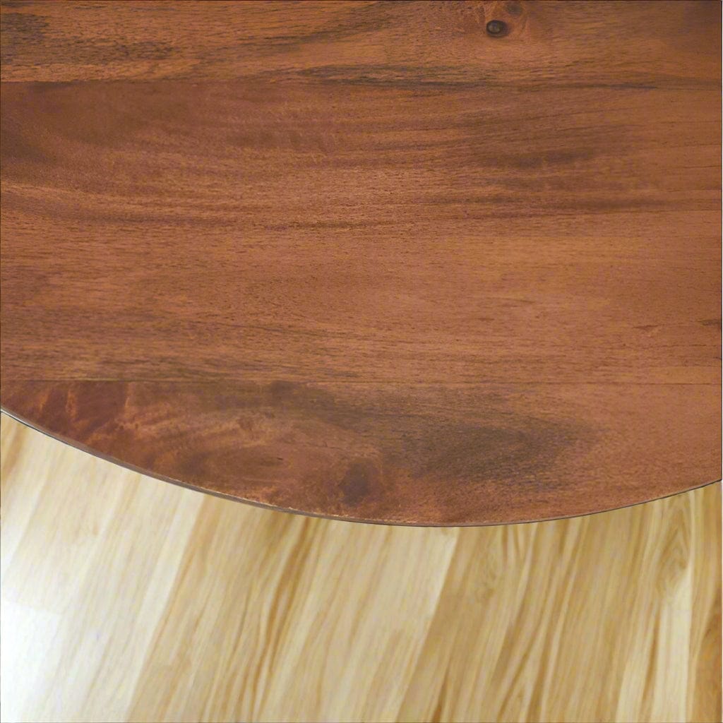 "Round coffee table made from sustainably sourced mango wood with a unique slatted design, warm walnut finish, and easy partial assembly, perfect for adding sophistication or bohemian flair."