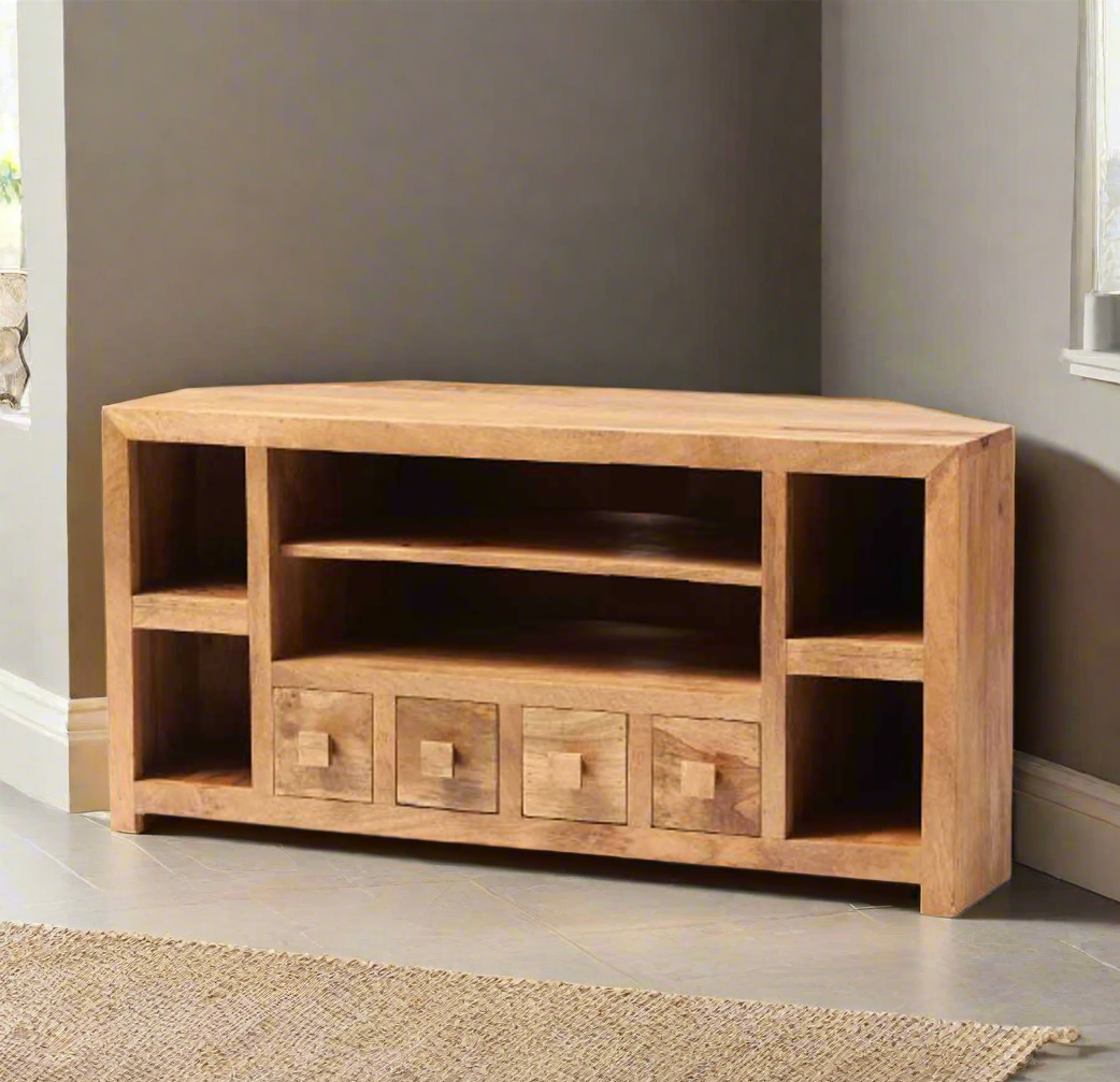 "The Natural Oak Wood Corner TV Stand combines contemporary style with sustainability. Crafted from 100% solid Mango hardwood and finished with a light oak stain, it highlights the wood’s natural beauty. Handcrafted using eco-friendly materials, this stand is both stylish and environmentally conscious. Its durable, timeless design makes it the perfect addition to any modern living room. Fully assembled and ready for use, this stand offers both practicality and elegance in one eco-friendly package."