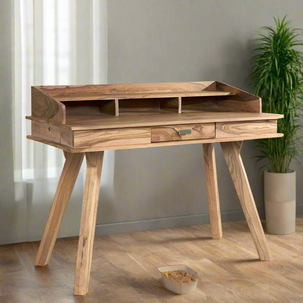 Modern study desk made from solid Sheesham wood, featuring a drawer and three document sections for stylish and functional storage.