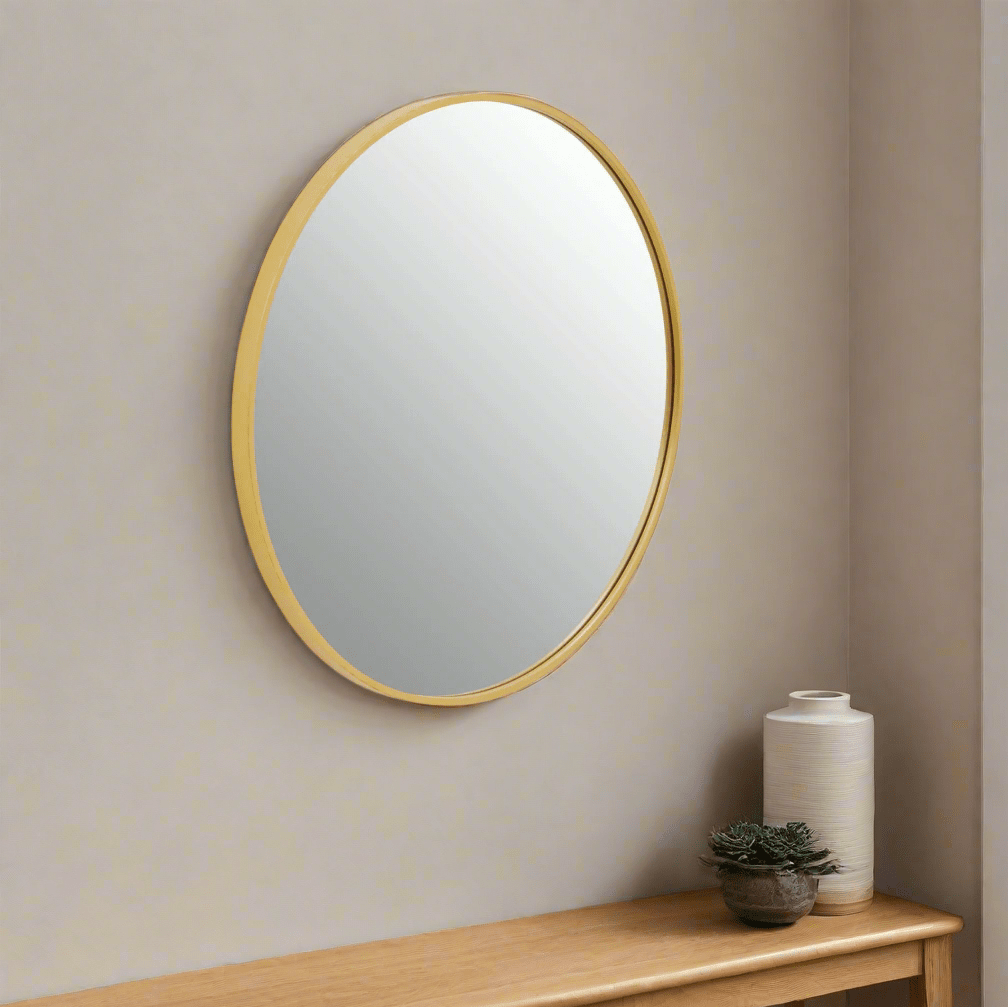 Small round wall mirror with a sleek gold finish iron frame, featuring a minimalist design that adds elegance to any space. Free delivery included.