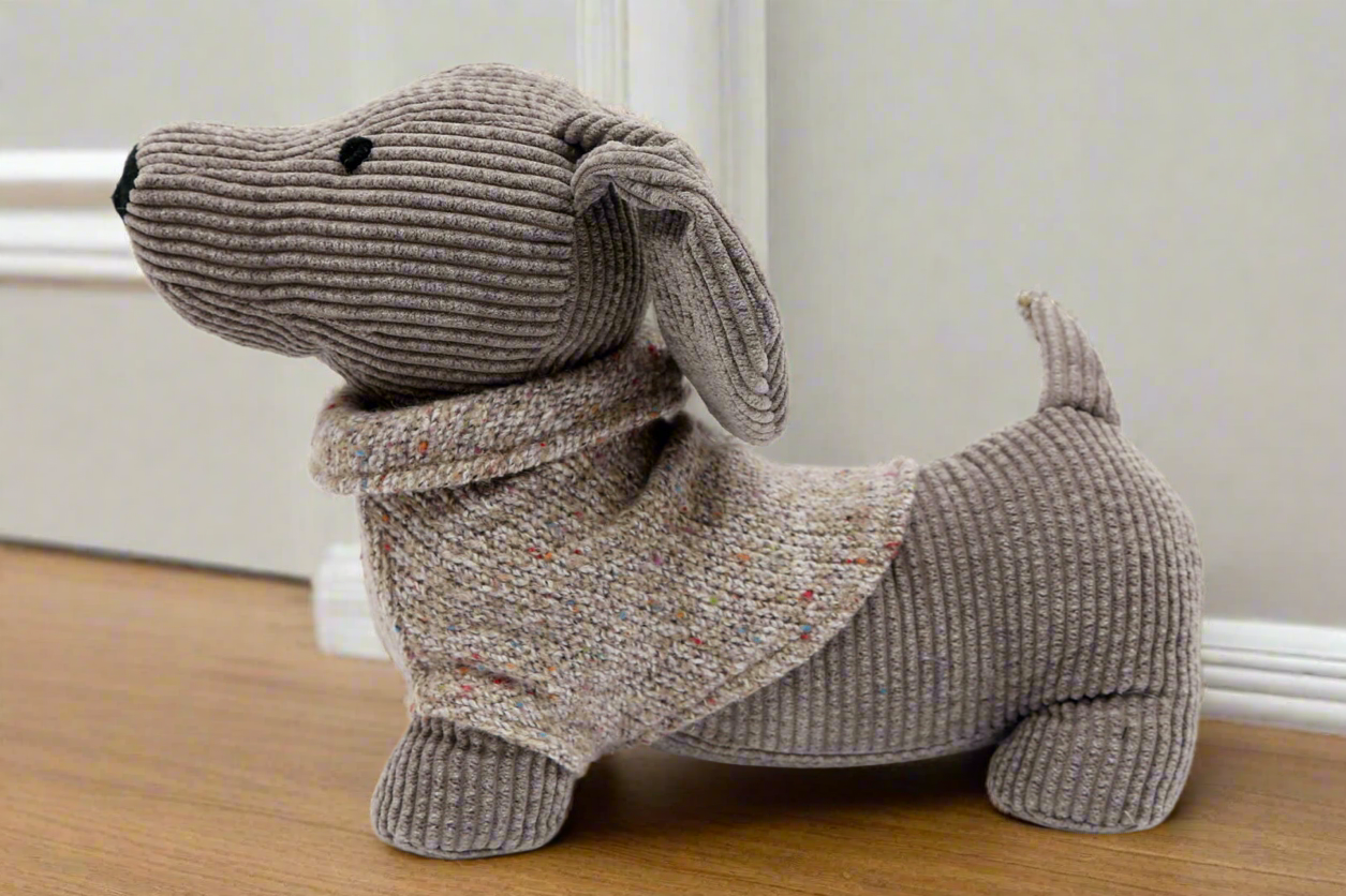 Corduroy Grey Dachshund Doorstop