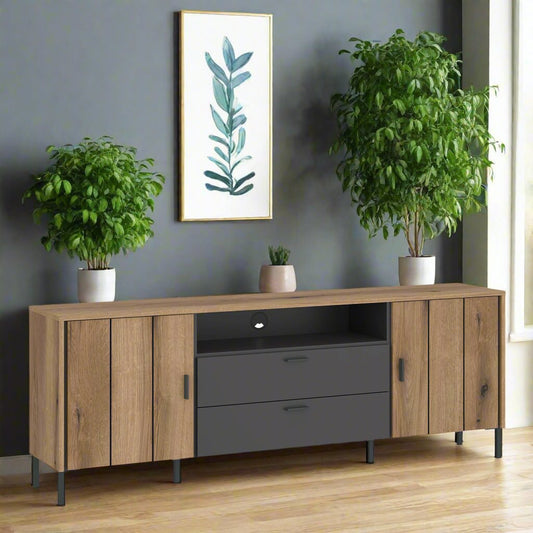 Stylish oak grey media side unit with a modern design, featuring a smooth oak finish and ample storage space, perfect for organizing and displaying media equipment in any living room or entertainment area