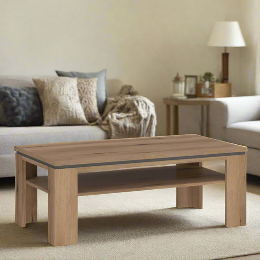 Arundel Oak Coffee Table with anthracite accents and hidden shelving for practical storage, crafted from durable laminated chipboard.