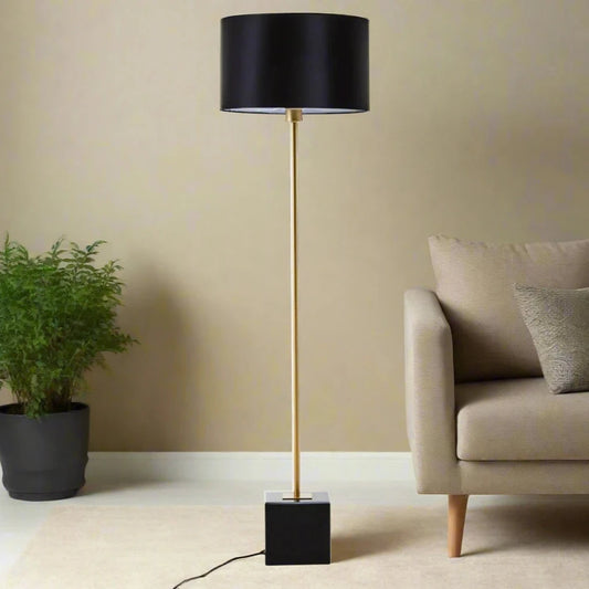 Murdoch floor lamp with gold finish metal stem, black linen shade, and black marble cube base, fully assembled. Modern lighting design with sleek and stylish features.