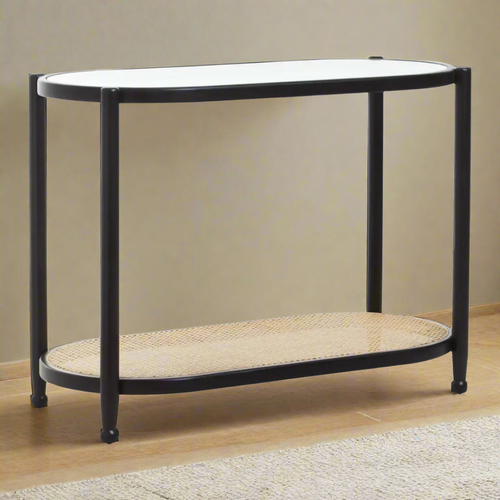 Stylish glass console table with natural wood tones and monochrome accents. Features an open design, perfect for hallways, living rooms, or entryways, adding minimalist charm to any interior.