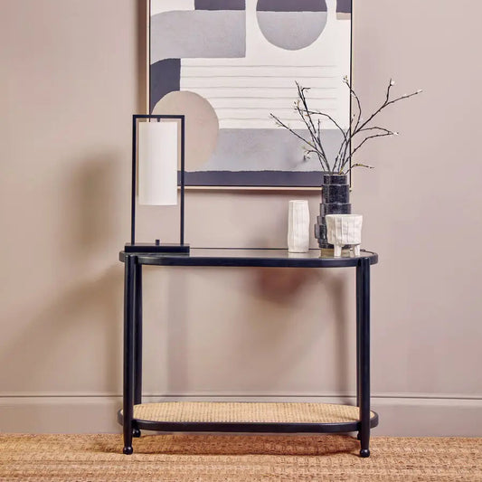 Stylish glass console table with natural wood tones and monochrome accents. Features an open design, perfect for hallways, living rooms, or entryways, adding minimalist charm to any interior.