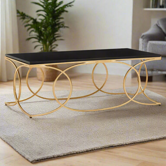 Luxurious Luna coffee table with a black marble top and gold-finish stainless steel frame. A sophisticated and glamorous centerpiece, perfect for living rooms or stylish lounge spaces.