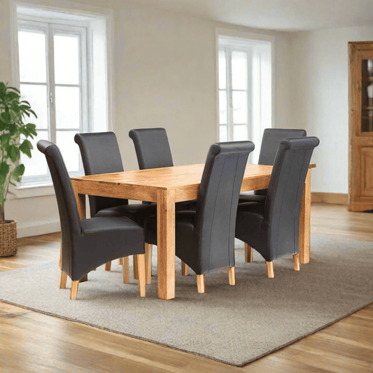  Solid Light Mango Hardwood Dining Table with a lightly stained matt finish, handcrafted from eco-friendly wood. Partial assembly required for the legs.