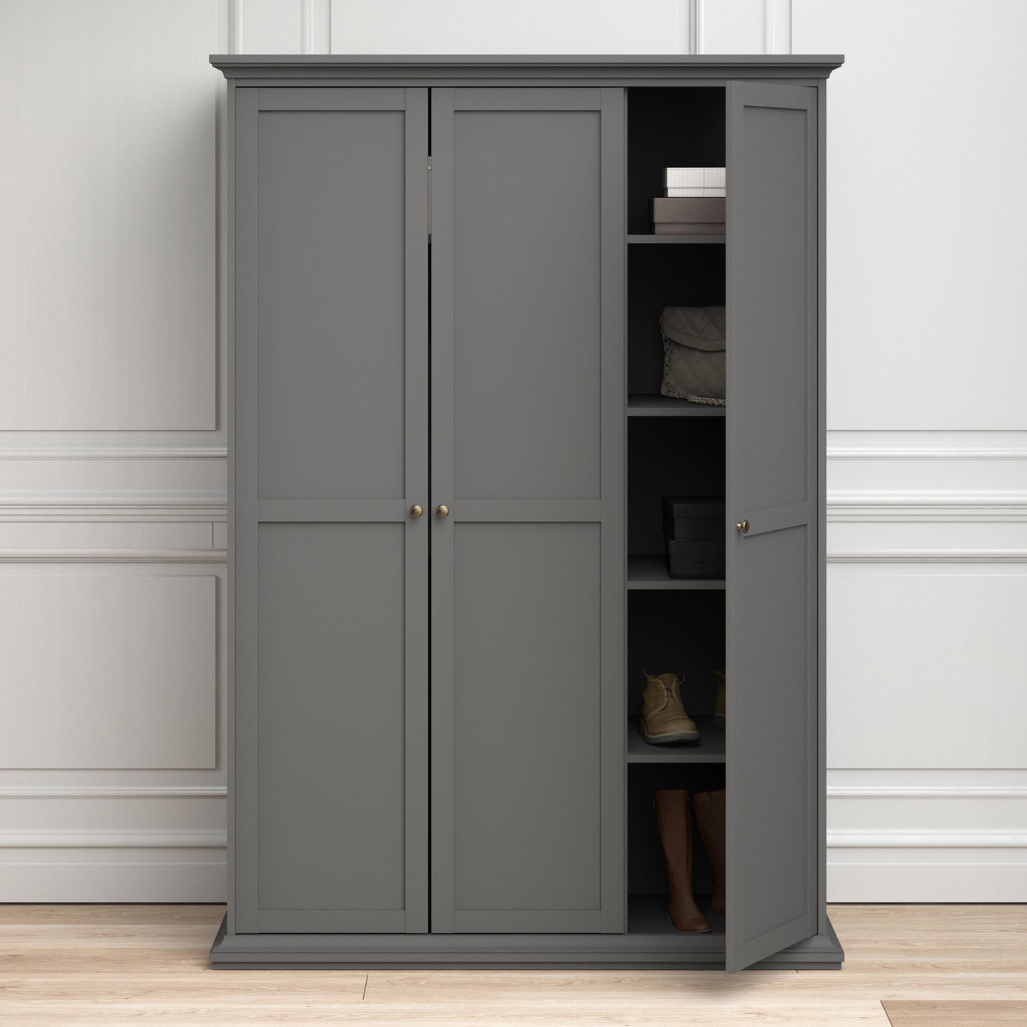 A Classic Grey 3-Door Wardrobe featuring a spacious design with three doors for ample storage. This wardrobe includes a hanging rail for clothes, shelves for accessories, and additional compartments for organizing items. The elegant grey finish adds a sophisticated, neutral touch to any bedroom decor, complementing both modern and traditional styles. Perfect for enhancing storage and organization, this 3-door wardrobe offers both functionality and timeless style for your home.