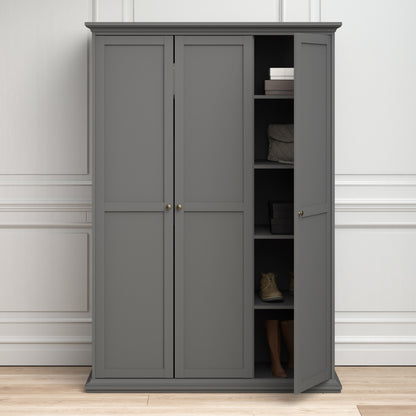 A Classic Grey 3-Door Wardrobe featuring a spacious design with three doors for ample storage. This wardrobe includes a hanging rail for clothes, shelves for accessories, and additional compartments for organizing items. The elegant grey finish adds a sophisticated, neutral touch to any bedroom decor, complementing both modern and traditional styles. Perfect for enhancing storage and organization, this 3-door wardrobe offers both functionality and timeless style for your home.