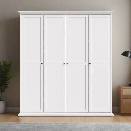 
A Classic White Wardrobe featuring a clean, timeless design with ample storage space for clothing and accessories. This wardrobe includes a hanging rail for garments and shelves for organizing items. The crisp white finish adds a fresh, sophisticated touch to any bedroom or closet, complementing both modern and traditional decor styles. Perfect for enhancing storage and organization, this classic white wardrobe combines functionality with a stylish, minimalist look for your home.