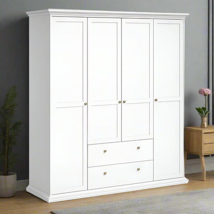 Wardrobe with four frame doors and nine shelves, featuring adjustable storage options, perfect for organising clothes and belongings in a modern home