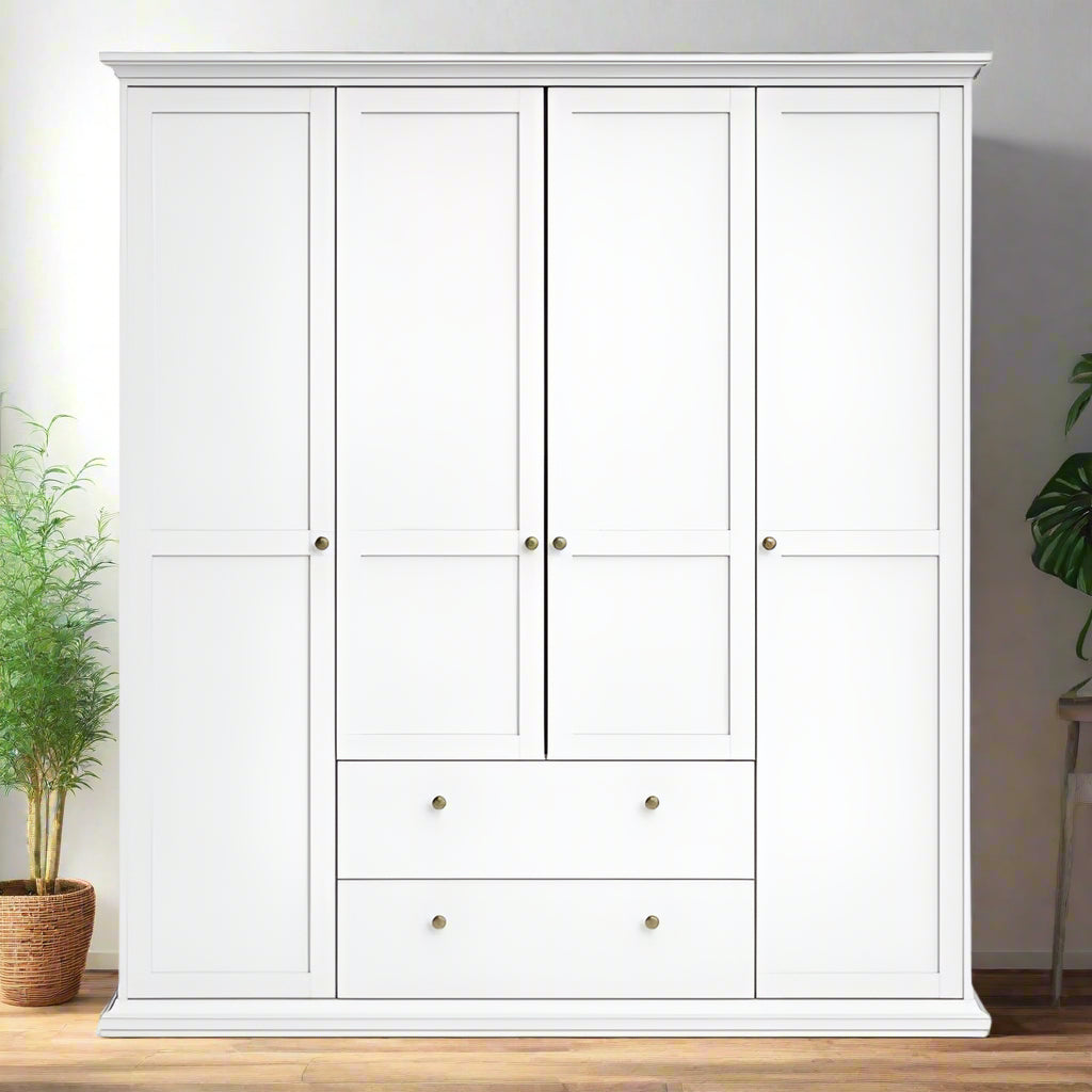 Wardrobe with four frame doors and nine shelves, featuring adjustable storage options, perfect for organising clothes and belongings in a modern home