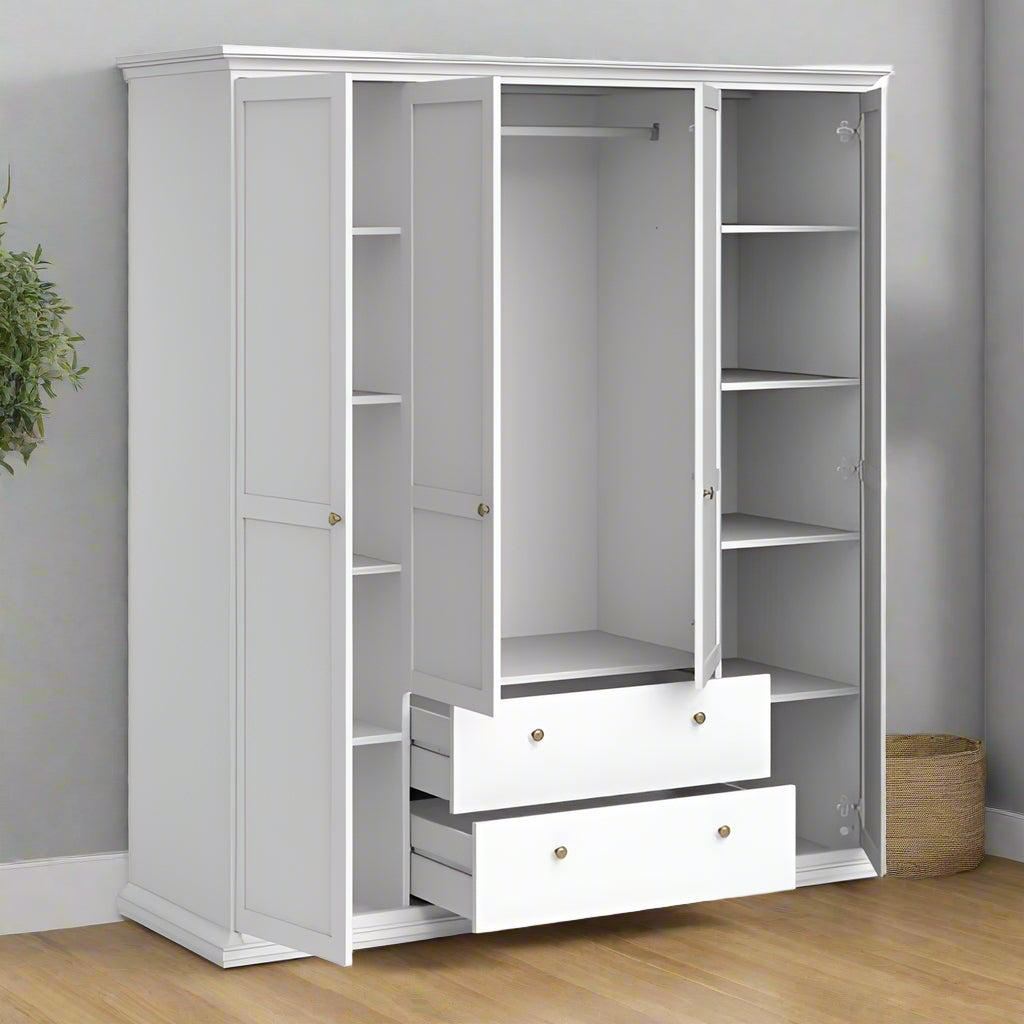 Wardrobe with four frame doors and nine shelves, featuring adjustable storage options, perfect for organising clothes and belongings in a modern home