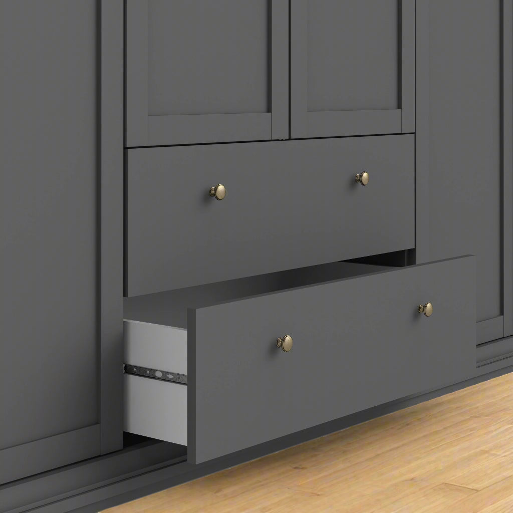 A Classic Grey 3-Door Wardrobe featuring a spacious design with three doors for ample storage. This wardrobe includes a hanging rail for clothes, shelves for accessories, and additional compartments for organizing items. The elegant grey finish adds a sophisticated, neutral touch to any bedroom decor, complementing both modern and traditional styles. Perfect for enhancing storage and organization, this 3-door wardrobe offers both functionality and timeless style for your home.