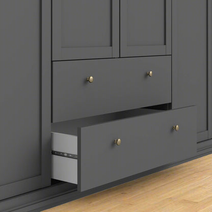 A Classic Grey 3-Door Wardrobe featuring a spacious design with three doors for ample storage. This wardrobe includes a hanging rail for clothes, shelves for accessories, and additional compartments for organizing items. The elegant grey finish adds a sophisticated, neutral touch to any bedroom decor, complementing both modern and traditional styles. Perfect for enhancing storage and organization, this 3-door wardrobe offers both functionality and timeless style for your home.