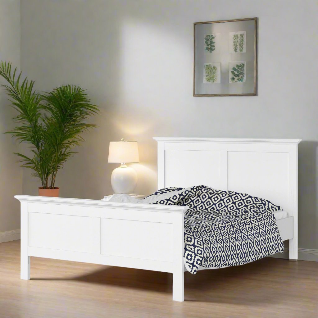 A Classic White Double Bed Frame featuring a sleek, timeless design with a clean white finish. This bed frame provides sturdy support for a mattress, offering a comfortable and stylish foundation for your bedroom. The classic white color complements various decor styles, making it a perfect addition to both modern and traditional interiors. Designed for durability and elegance, this double bed frame enhances your bedroom with a fresh, sophisticated look while ensuring long-lasting functionality.