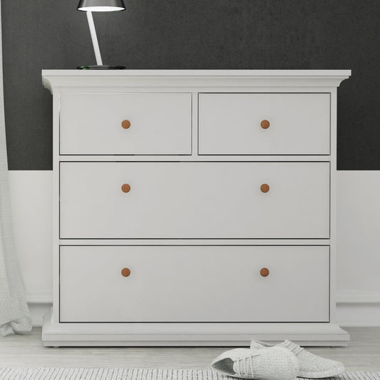 
A Classic White Chest of 4 Drawers featuring a sleek, timeless design with four spacious drawers for organizing clothes, accessories, and other essentials. The clean white finish adds a fresh, sophisticated touch to any bedroom or living space, complementing various decor styles. Perfect for enhancing storage while keeping your space neat and organized, this chest of drawers combines functionality with classic elegance, making it an ideal addition to modern or traditional interiors.