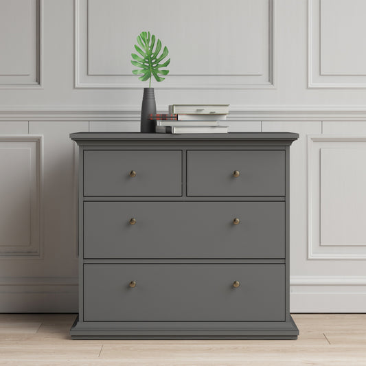 A Classic Grey Chest of Drawers featuring a sleek design with multiple spacious drawers for organizing clothes, accessories, and other essentials. The elegant grey finish adds a neutral, sophisticated touch to any bedroom or living space. With its timeless style and functional storage, this chest of drawers enhances both modern and traditional interiors. Perfect for keeping your space organized while complementing your home decor with a stylish, classic look.