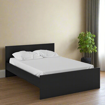 "Naia Modern Bed Frame designed for a standard UK double mattress, made with PEFC-certified sustainable wood, solid timber slats, and scratch, moisture, and heat-resistant laminated board."