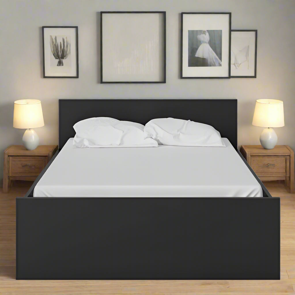 "Naia Modern Bed Frame designed for a standard UK double mattress, made with PEFC-certified sustainable wood, solid timber slats, and scratch, moisture, and heat-resistant laminated board."