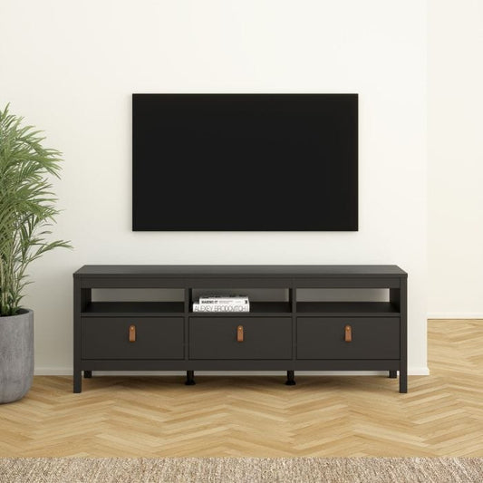Modern TV unit with three drawers, brown leather tab handles, and a sleek matt black finish. Made from durable, sustainable wood with easy-gliding drawer runners. Dimensions: W 1512 x H 541 x D 384 mm.