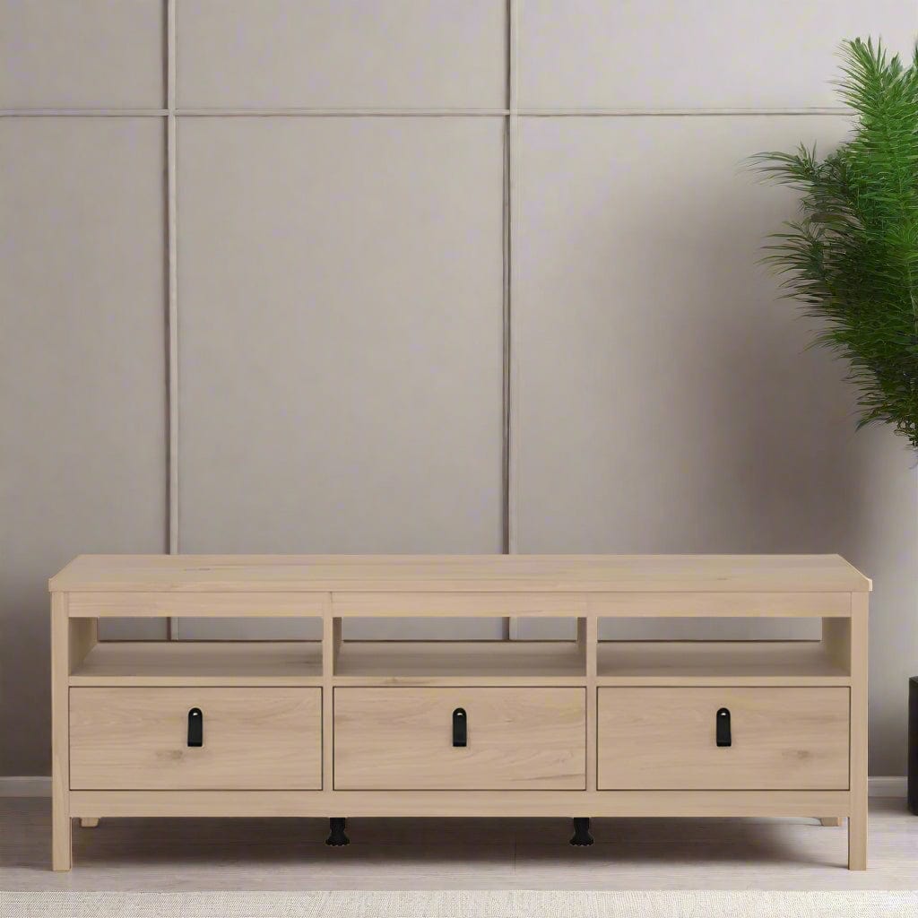 Modern TV unit with three drawers, brown leather tab handles, and a sleek matt black finish. Made from durable, sustainable wood with easy-gliding drawer runners. Dimensions: W 1512 x H 541 x D 384 mm.
