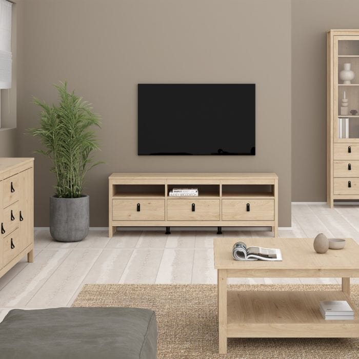 Modern TV unit with three drawers, brown leather tab handles, and a sleek matt black finish. Made from durable, sustainable wood with easy-gliding drawer runners. Dimensions: W 1512 x H 541 x D 384 mm.