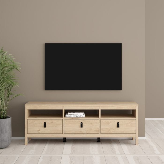 Modern TV unit with three drawers, brown leather tab handles, and a sleek matt black finish. Made from durable, sustainable wood with easy-gliding drawer runners. Dimensions: W 1512 x H 541 x D 384 mm.