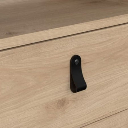 Modern TV unit with three drawers, brown leather tab handles, and a sleek matt black finish. Made from durable, sustainable wood with easy-gliding drawer runners. Dimensions: W 1512 x H 541 x D 384 mm.