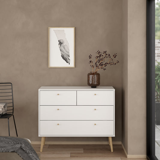 Stylish white oak 4-drawer chest of drawers featuring a sleek design with smooth wood finish and spacious storage, perfect for adding both functionality and elegance to any bedroom or living space