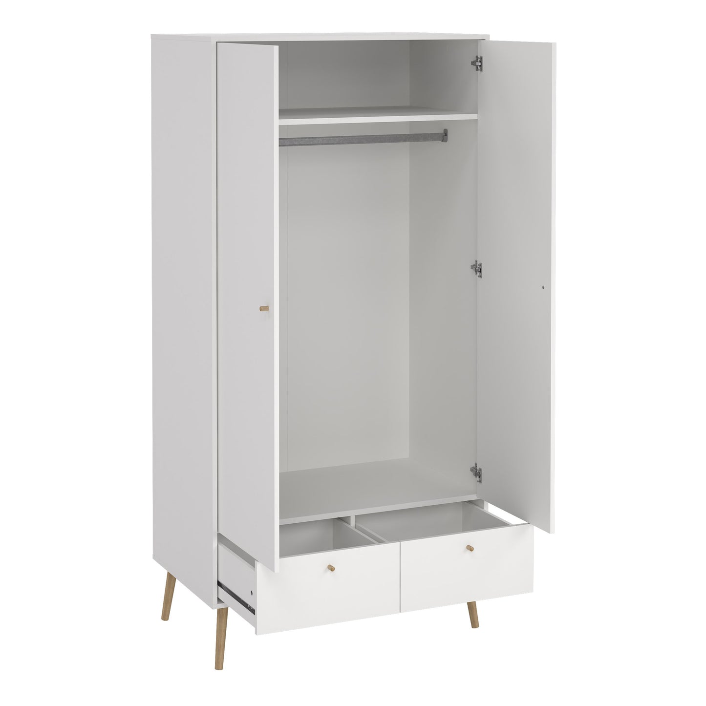 Elegant white oak wardrobe with two drawers, featuring a sleek design and spacious storage, perfect for adding a touch of modern style and functionality to any bedroom or dressing area