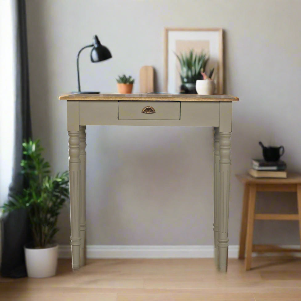 Elegant French grey oak writing desk with a smooth, sophisticated finish, featuring sturdy legs and a spacious tabletop, perfect for a stylish and functional home office or study space